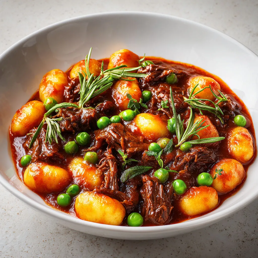 Bœuf super tendre, gnocchis, petits pois et romarin dans une sauce mijotée trop bonne.