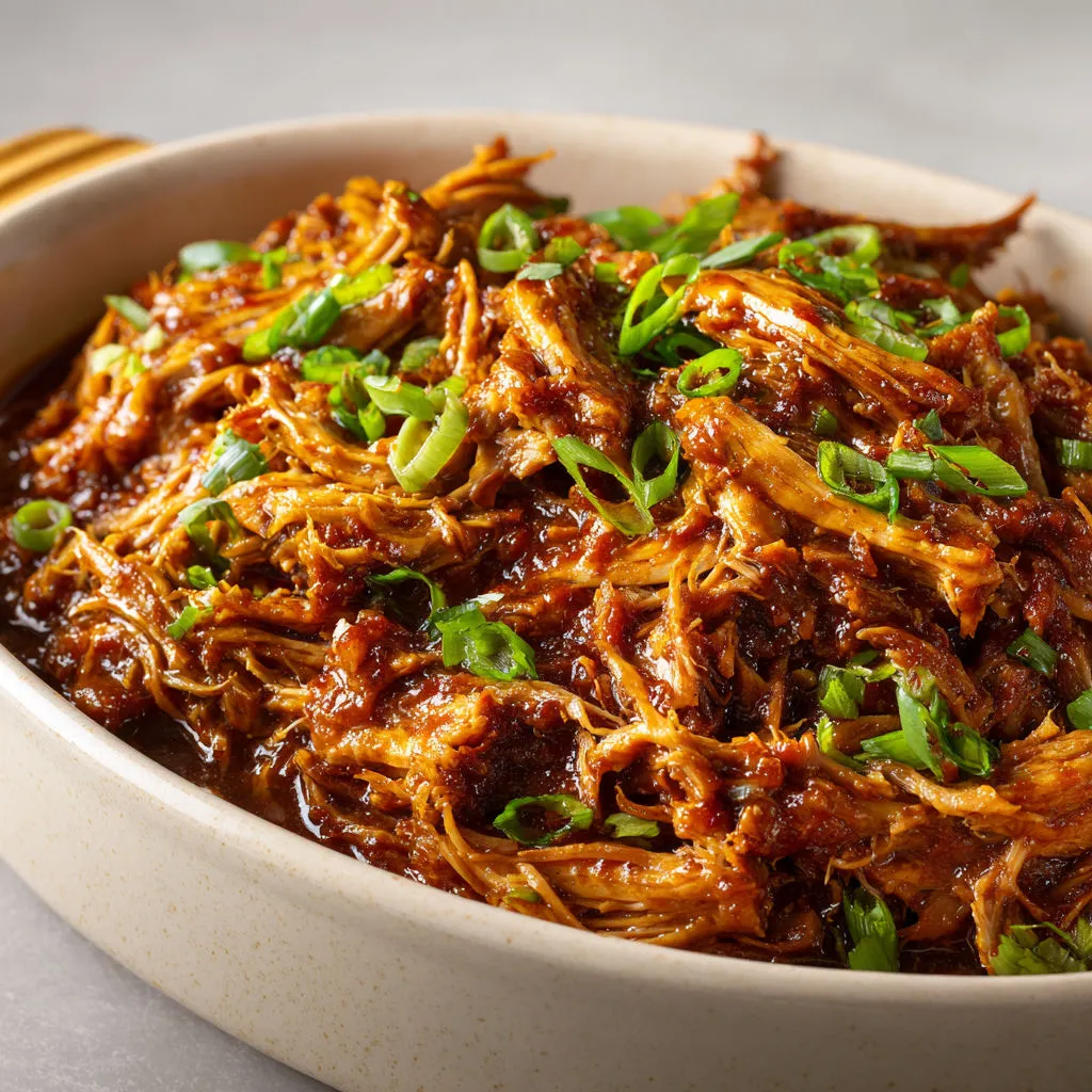 Épaule de porc hyper fondante en mijoteuse, sauce douce et parfumée au lait de soja, curry et oignons frais.