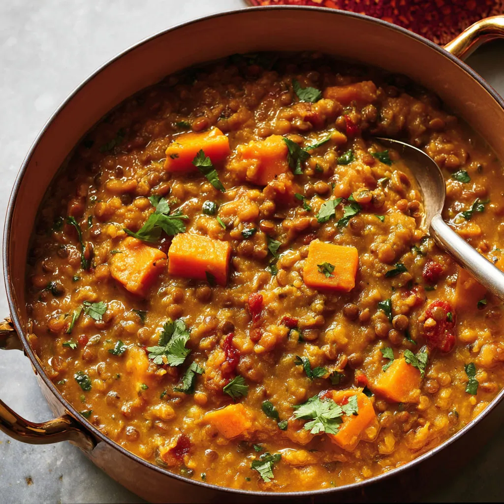 Duo de lentilles et courge butternut façon coco et épices mijotées.