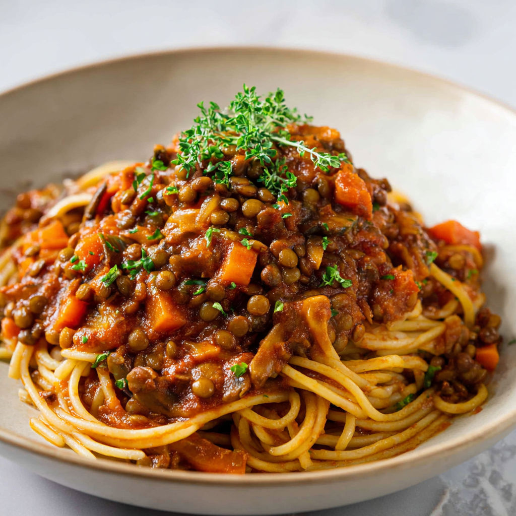 Délicieux spaghetti accompagnés de lentilles et champignons en sauce