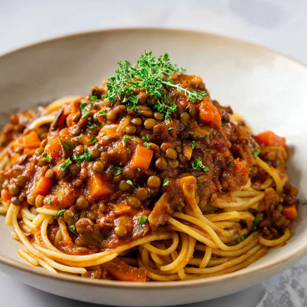 Délicieux spaghetti accompagnés de lentilles et champignons en sauce