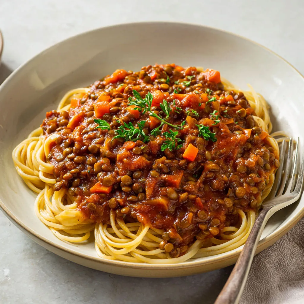 Sauce mijotée aux lentilles et champignons façon bolognaise veggie, pleine de légumes.