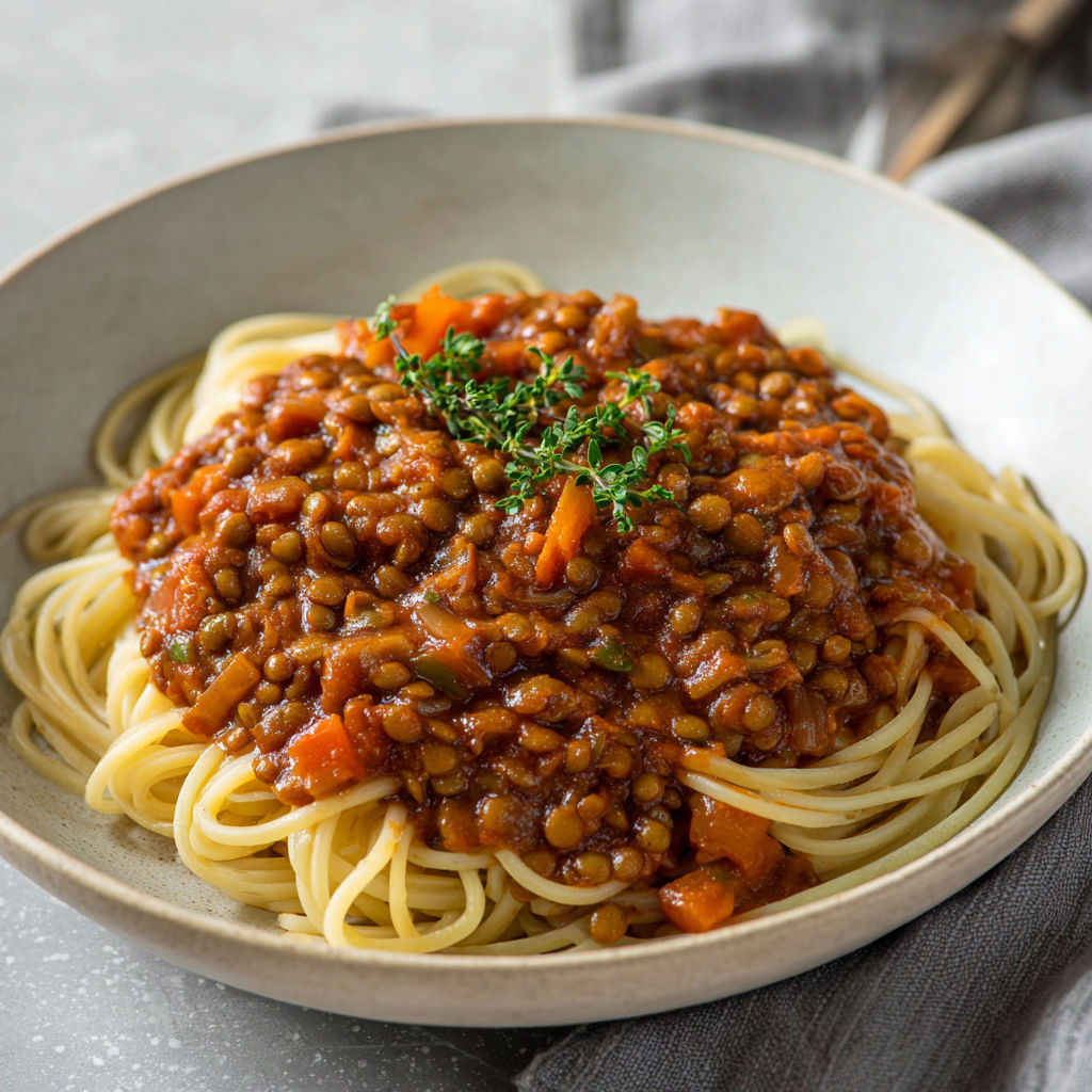 Sauce bolognaise végétale aux lentilles et champignons, mijotée longtemps avec une délicieuse tomate.