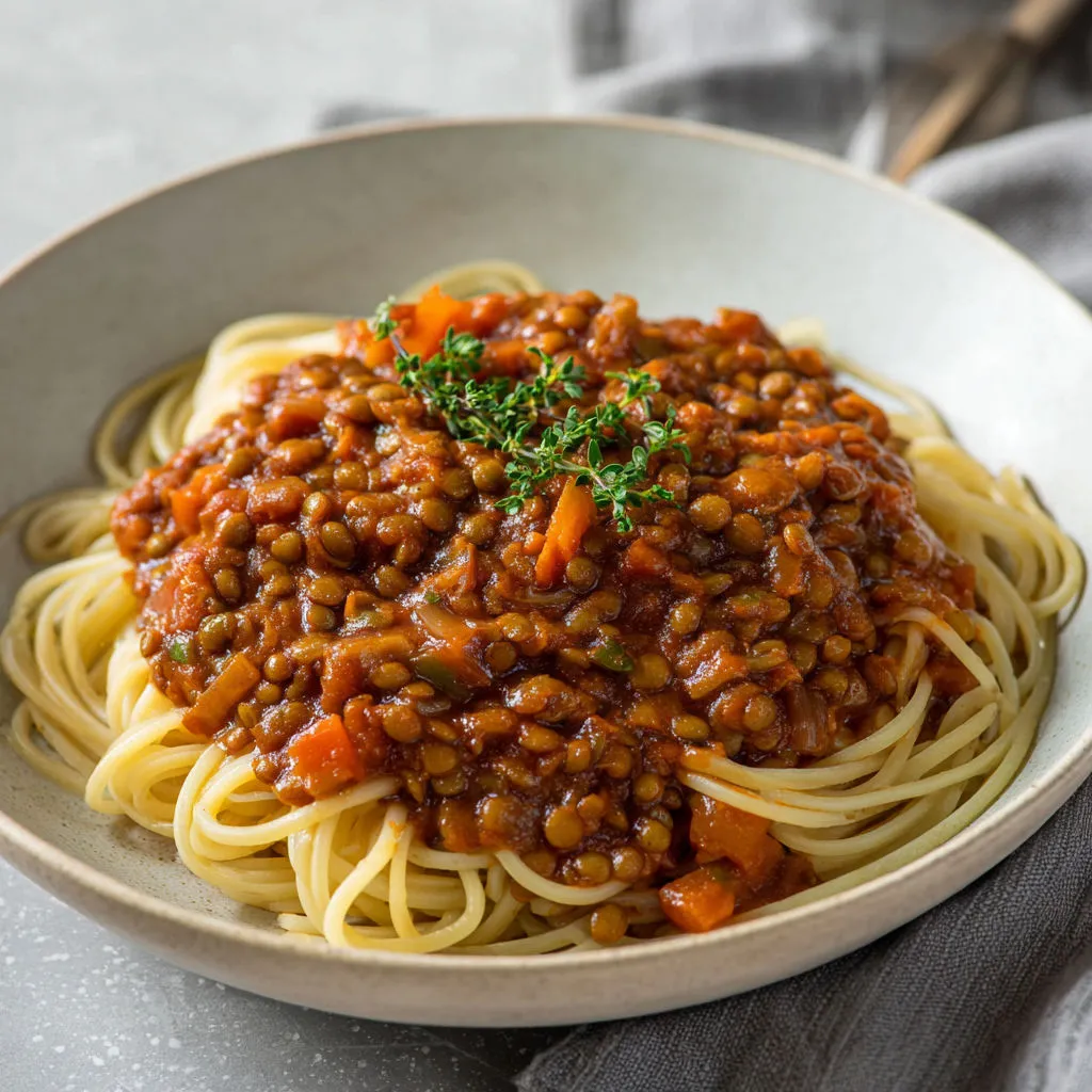 Sauce bolognaise végétale aux lentilles et champignons, mijotée longtemps avec une délicieuse tomate.