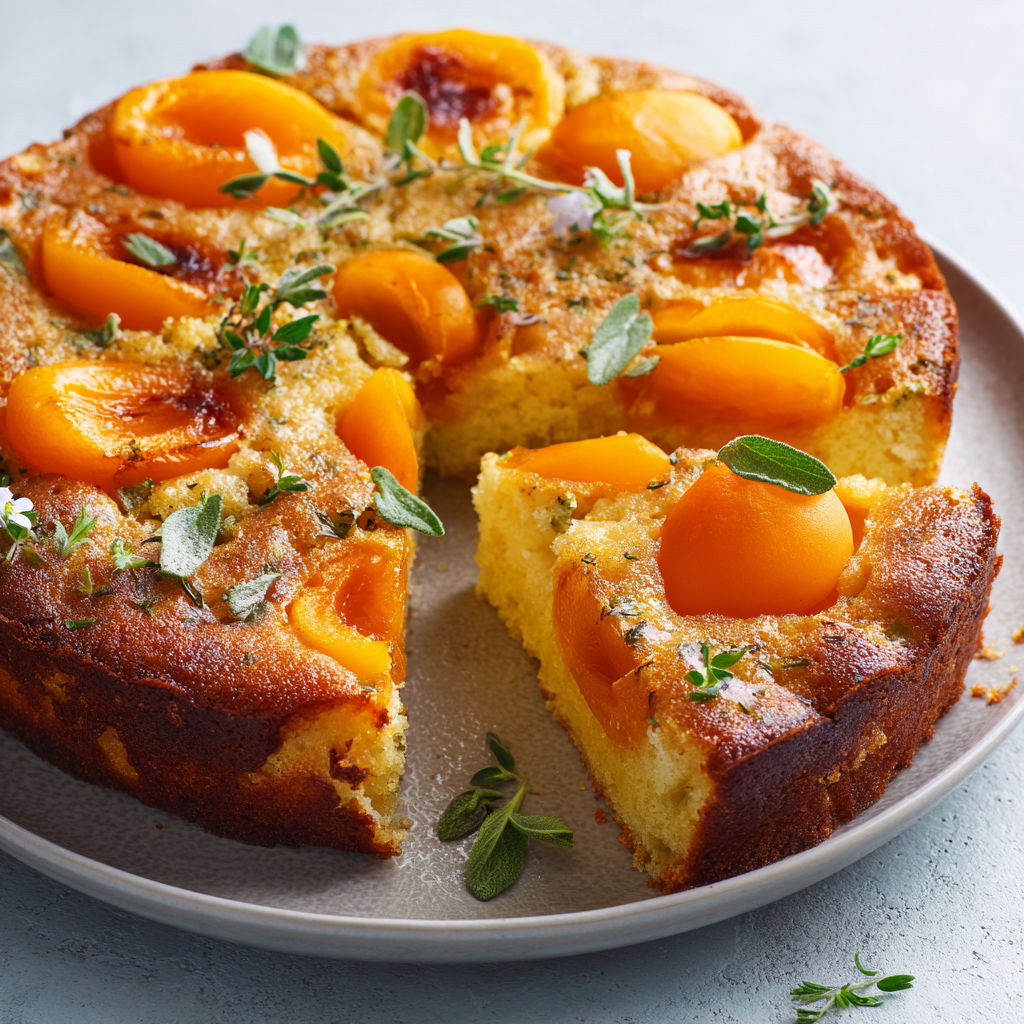 Un joli morceau de gâteau abricot verveine sur une assiette.