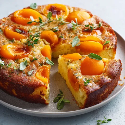 Un joli morceau de gâteau abricot verveine sur une assiette.
