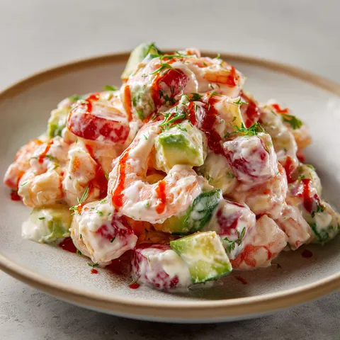 Plat de salade aux crevettes tendres avec légumes frais, joliment présenté dans un bol.