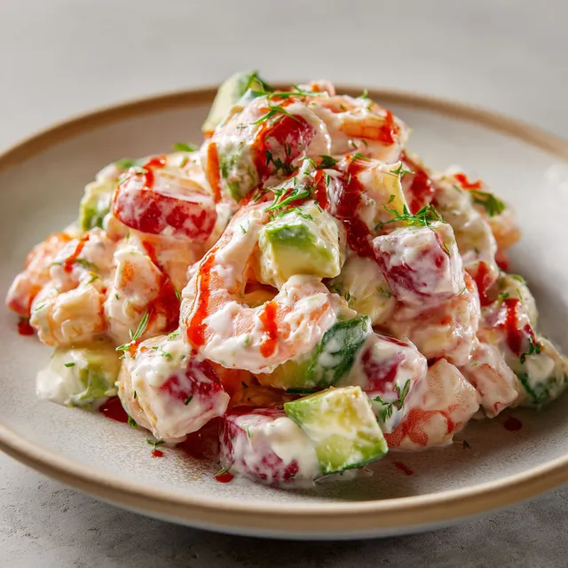 Plat de salade aux crevettes tendres avec légumes frais, joliment présenté dans un bol.