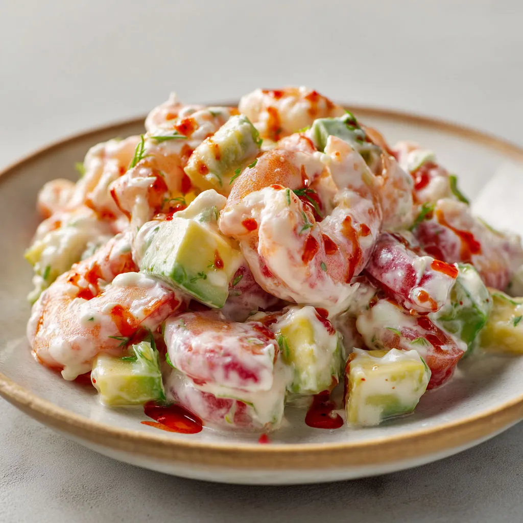 Généreuse salade de crevettes, billes de légumes et fruits, sauce maison à la truffe.