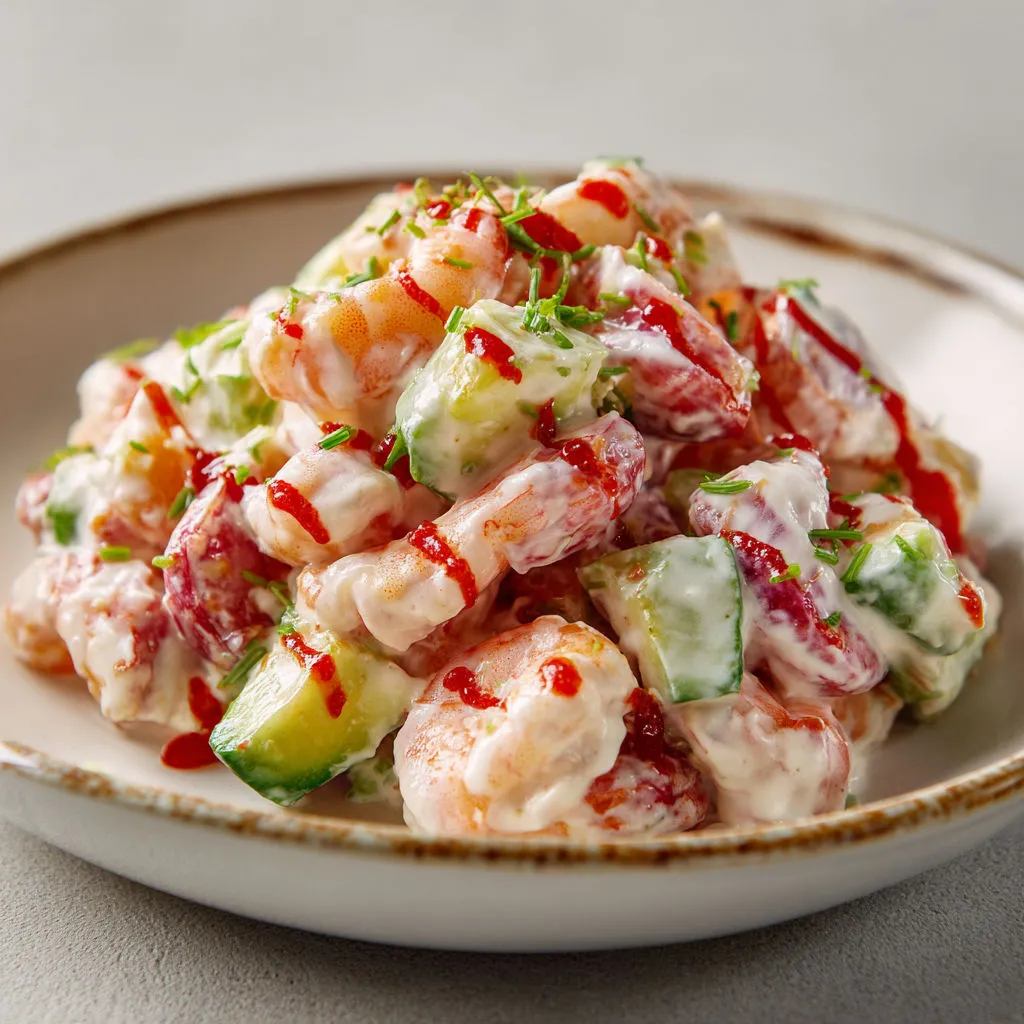 Fraîche salade de crevettes avec Granny Smith, avocat, tomates et vinaigre à la truffe.