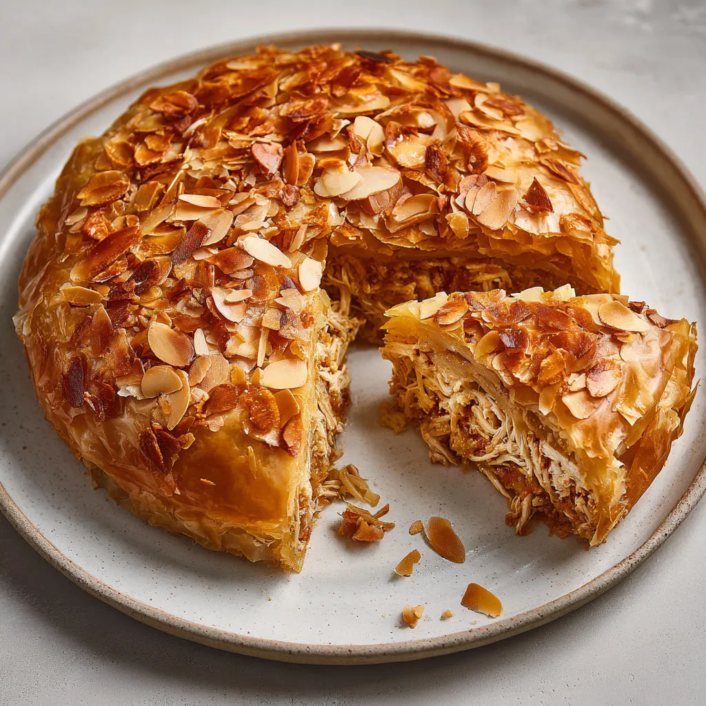Portion de feuilleté au poulet et amandes sur un plateau.