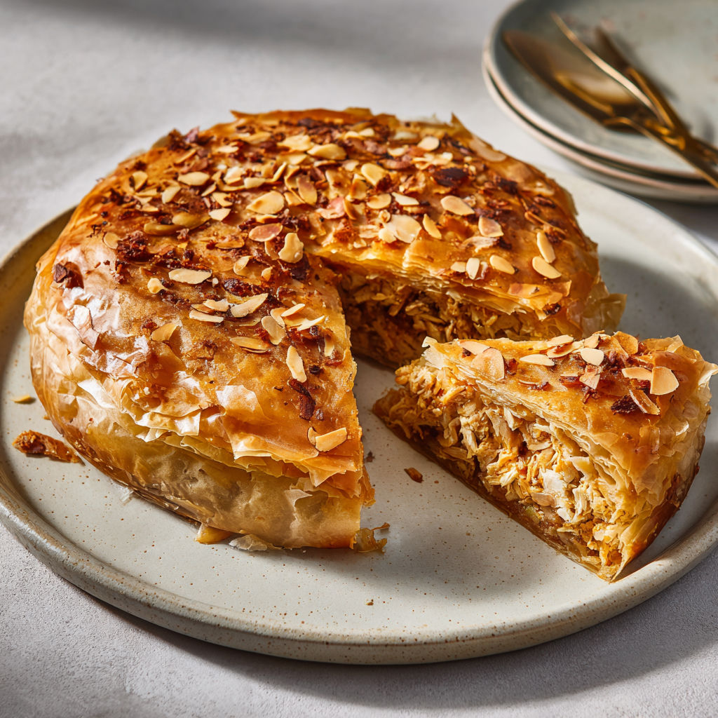 Délicieuse pastilla croustillante au poulet fermier, cannelle, safran et fleur d’oranger.