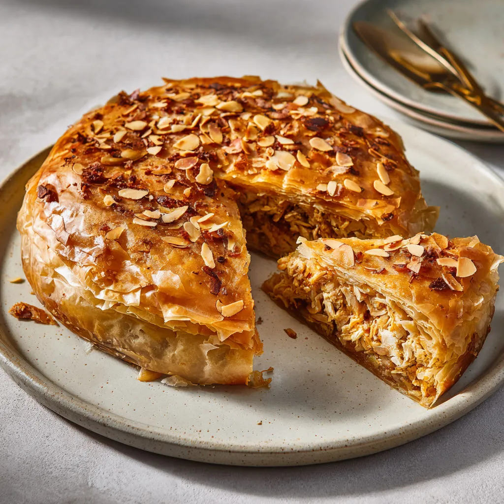 Délicieuse pastilla croustillante au poulet fermier, cannelle, safran et fleur d’oranger.