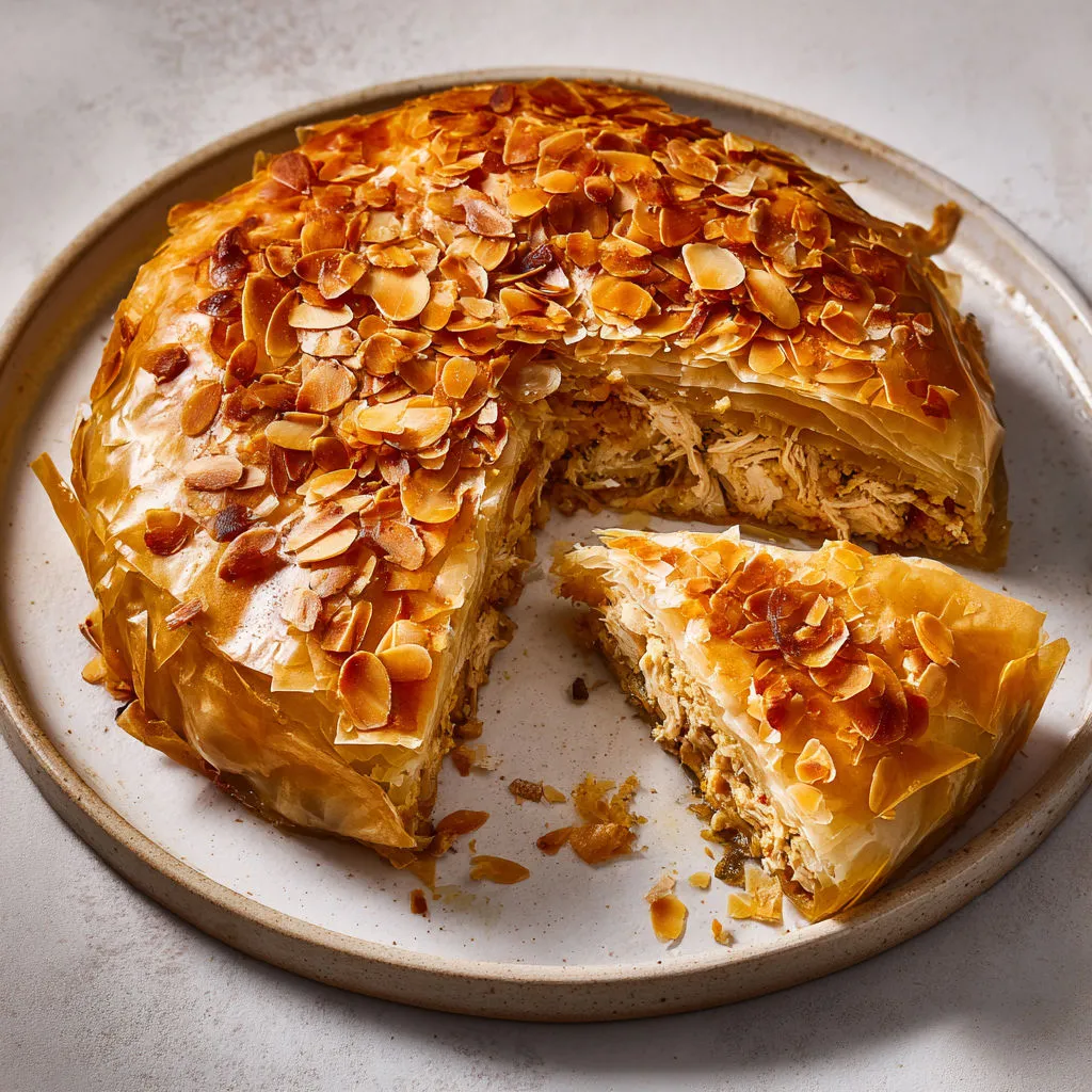 Pastilla marocaine au poulet effiloché, amandes croquantes et feuilles de brick dorées.