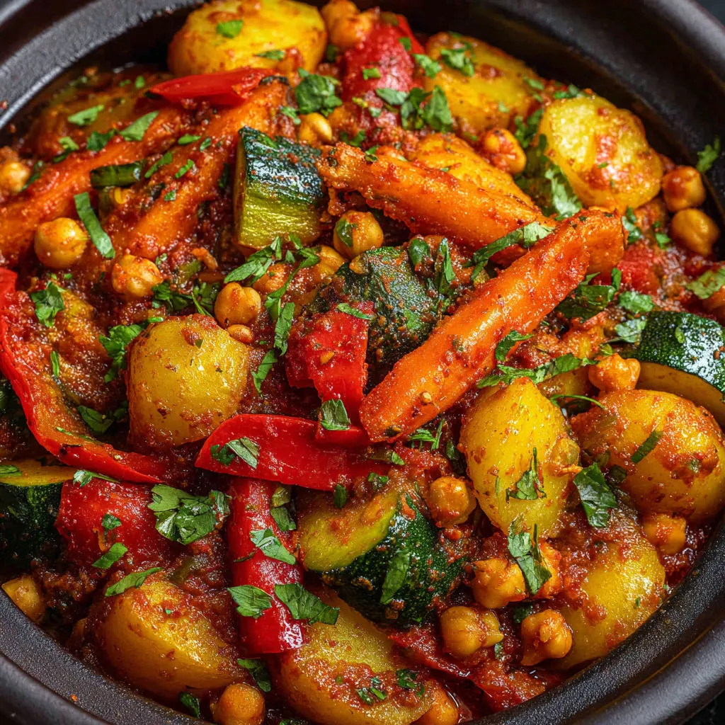 Plat de légumes ultra fondants aux épices douces et pois chiches parfumés à la coriandre fraîche.
