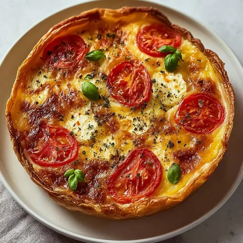 Une délicieuse tarte chèvre et tomate bien dorée présentée sur une assiette.