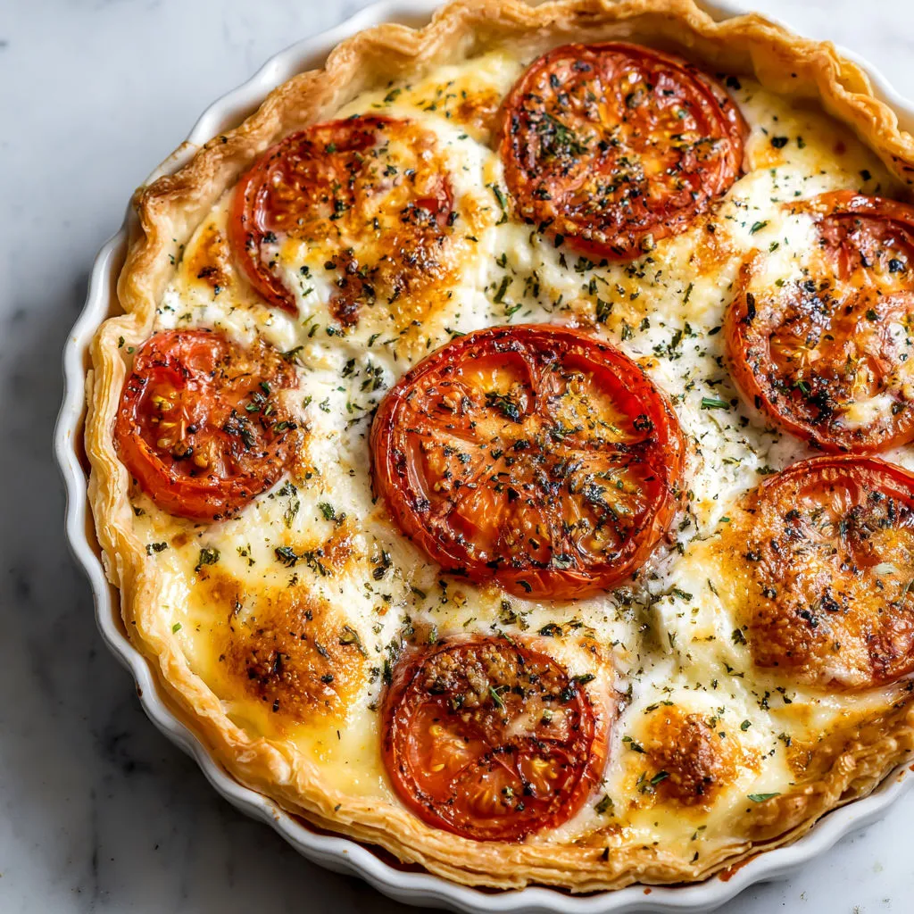 Tarte rustique façon tomate et chèvre, très fondante, relevée de moutarde douce et d’herbes de Provence.