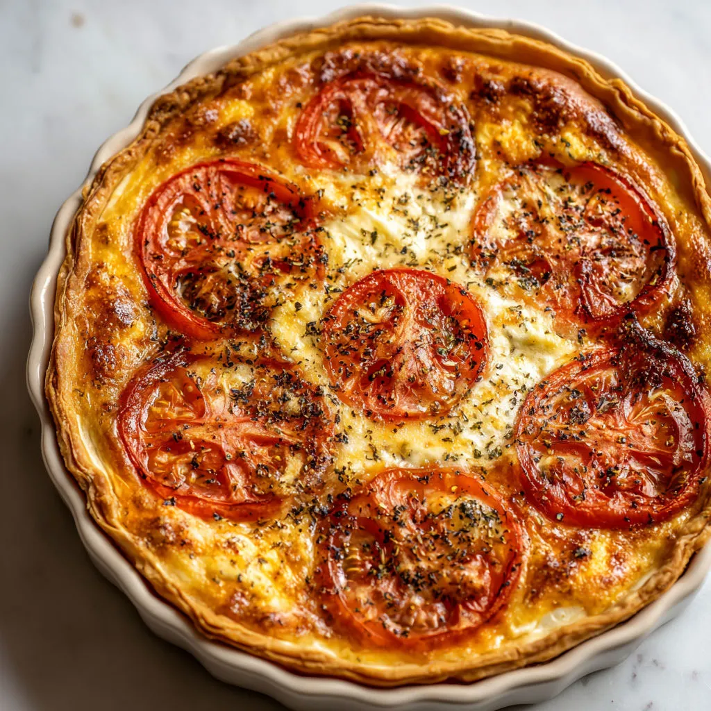 Tarte hyper fondante au chèvre crémeux et tomates rôties, basilic parfumé et filet d’huile d’olive.