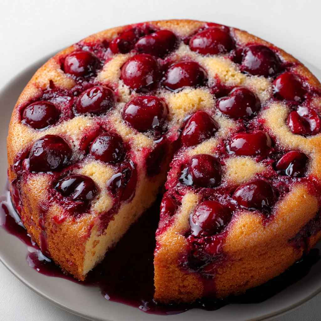 Une tranche de moelleux aux cerises nappée de sirop de verveine sur un plat.