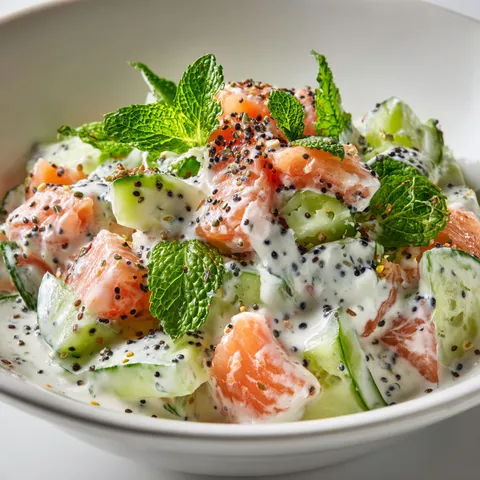 Salade croquante de concombre au fromage blanc et saumon tendre, agrémentée d’herbes fraîches et noix de coco.
