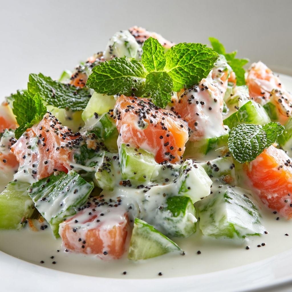 Grande salade bien fraîche au concombre, saumon tendre et sauce citron-fromage blanc.