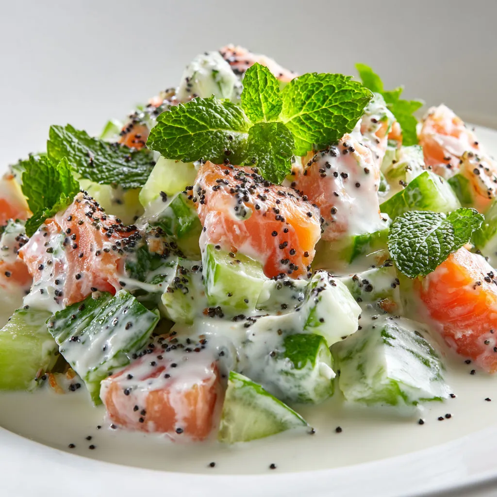 Grande salade bien fraîche au concombre, saumon tendre et sauce citron-fromage blanc.