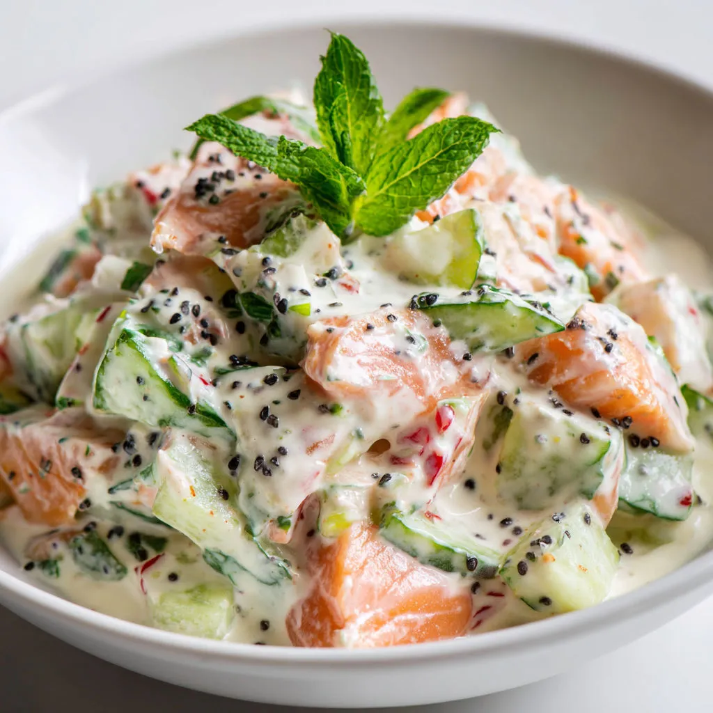 Salade légère ultra croquante au concombre, saumon effiloché et sauce onctueuse à la menthe.
