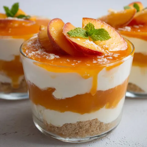 Gourmandise au mascarpone avec pêches et miel décoratifs.