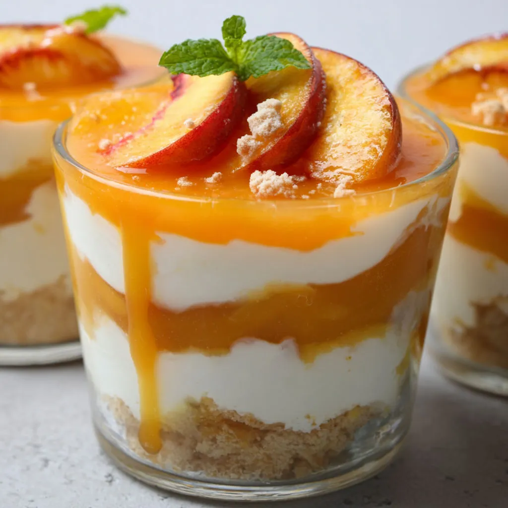 Verrine pêche et mascarpone au miel doux et vanille.