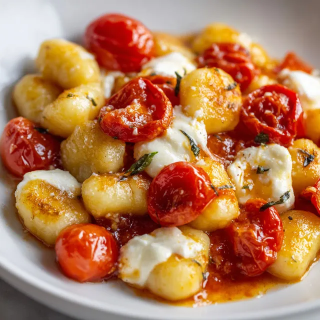 Assiette de gnocchis moelleux à la mozzarella et tomates fraîches, avec une touche de verdure.
