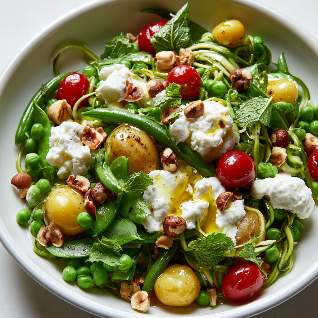 Un mélange de légumes tièdes et de ricotta crémeuse dans un bol en verre.