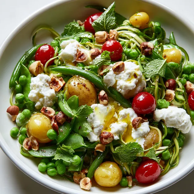 Un mélange de légumes tièdes et de ricotta crémeuse dans un bol en verre.
