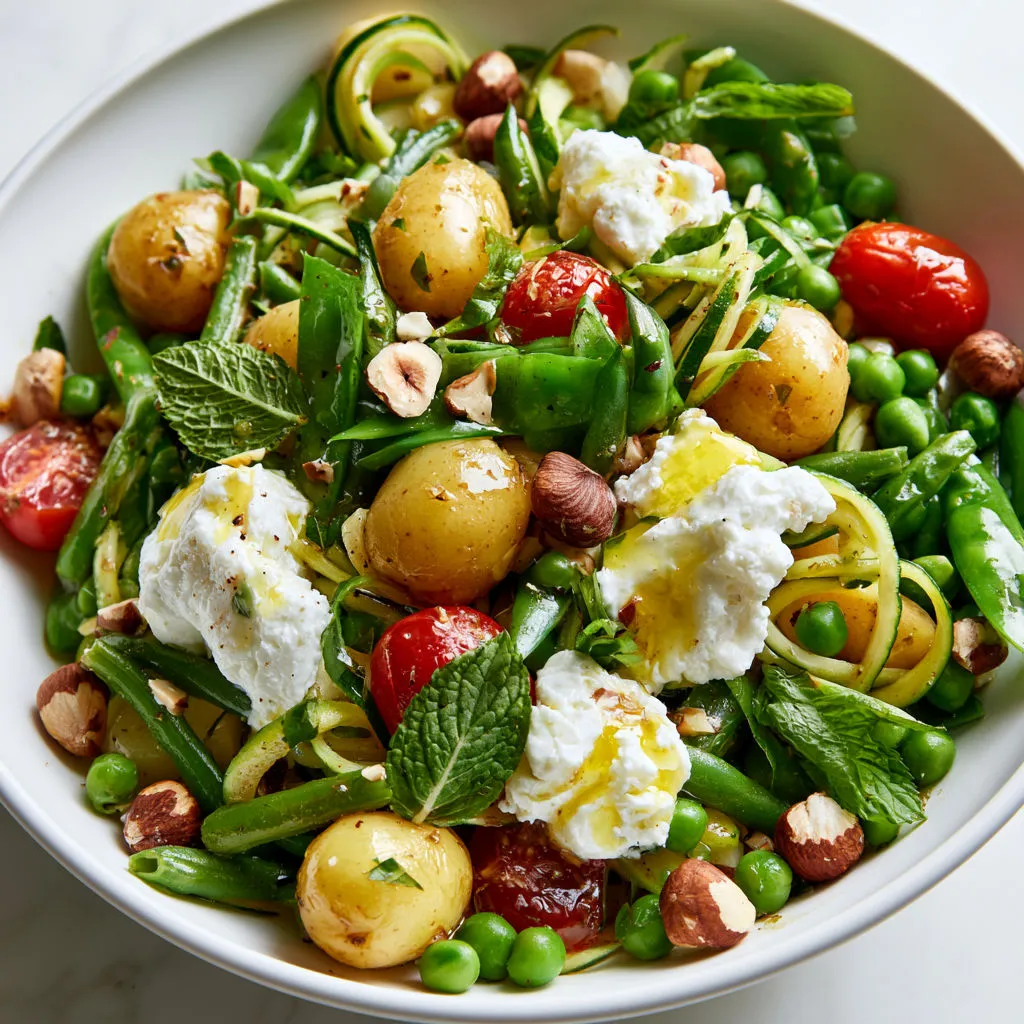 Légumes de saison chauds, noisettes grillées, ricotta fraîche maison, servis en salade généreuse.