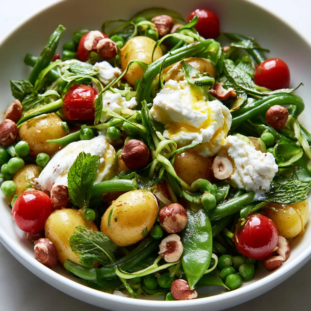 Légumes sautés tout doux, ricotta du jour et vinaigrette à l’échalote, façon salade colorée.