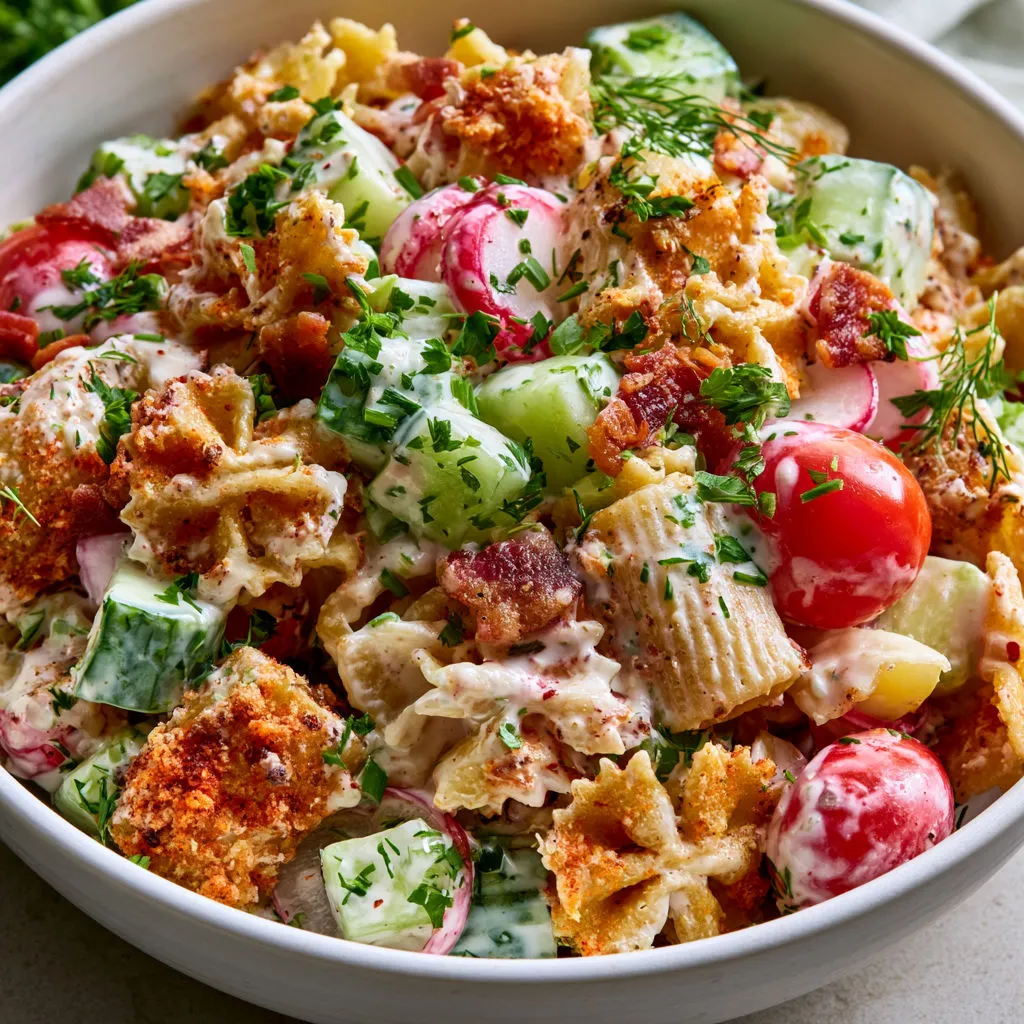 Pâtes croustillantes au parmesan et salade fraîche, bacon grillé.