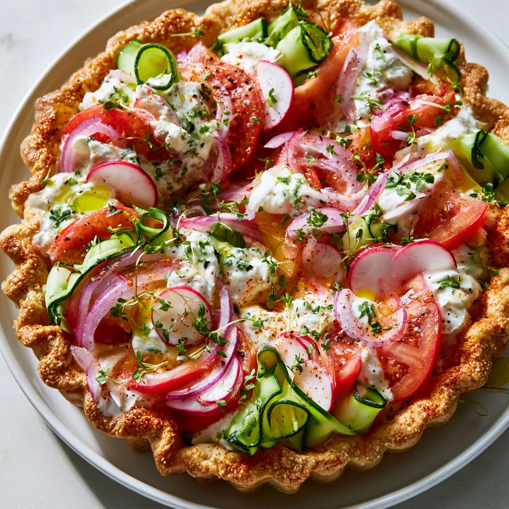 Une tarte colorée et croustillante avec des légumes frais.