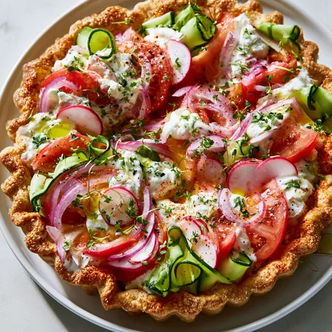 Une tarte colorée et croustillante avec des légumes frais.
