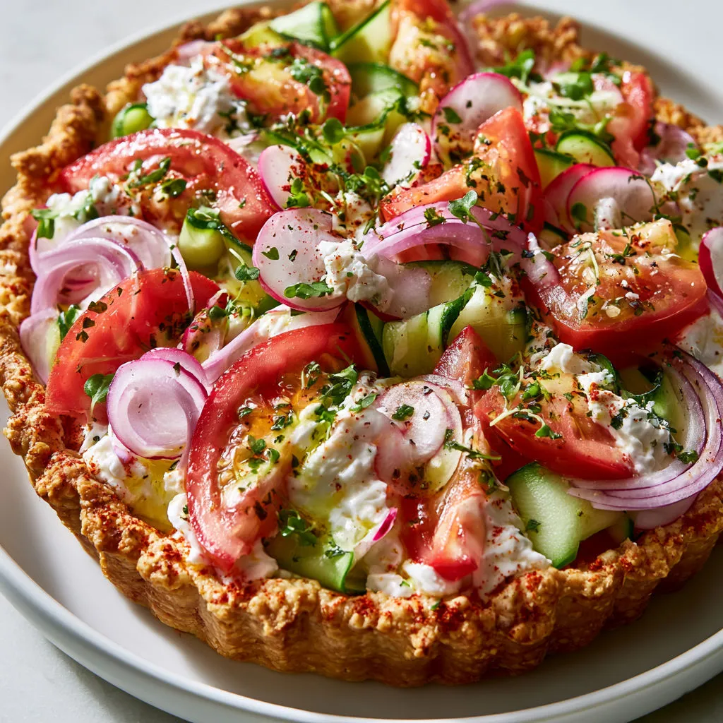 Tarte de légumes variés, présentée avec tomates, concombres, oignons, herbes et fromage, sur un plat.