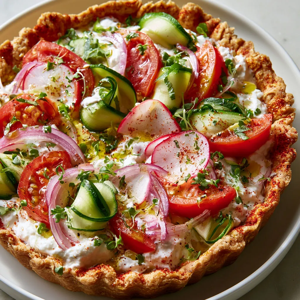 Fine tarte de légumes saisonniers, burrata crémeuse et huile parfumée au paprika fumé.
