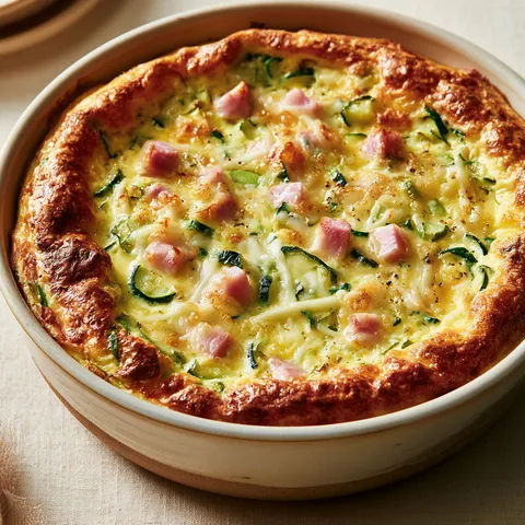 Plat de courgettes, jambon et fromage fondant.
