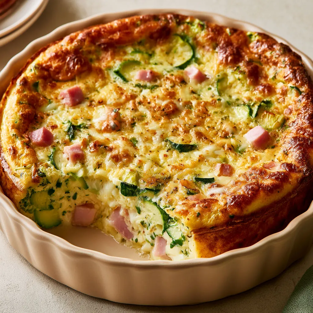 Clafoutis ultra moelleux aux courgettes, jambon et fromage gratiné.