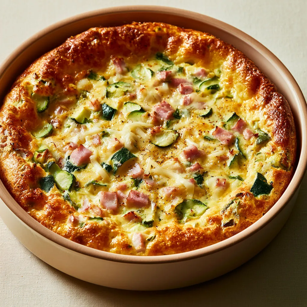 Clafoutis salé hyper gourmand aux courgettes, jambon et cœur de mozzarella fondante.