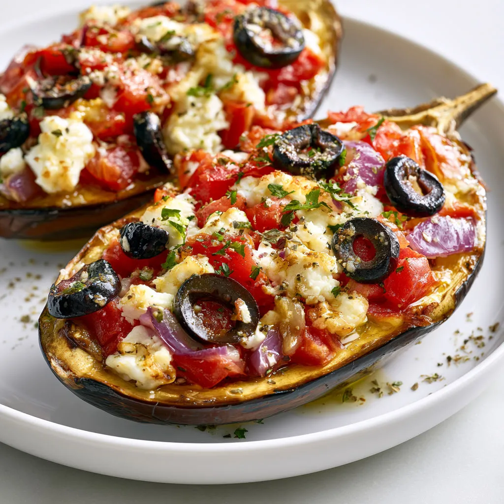 Un plateau garni d’aubergines farcies délicatement cuisinées façon grecque.