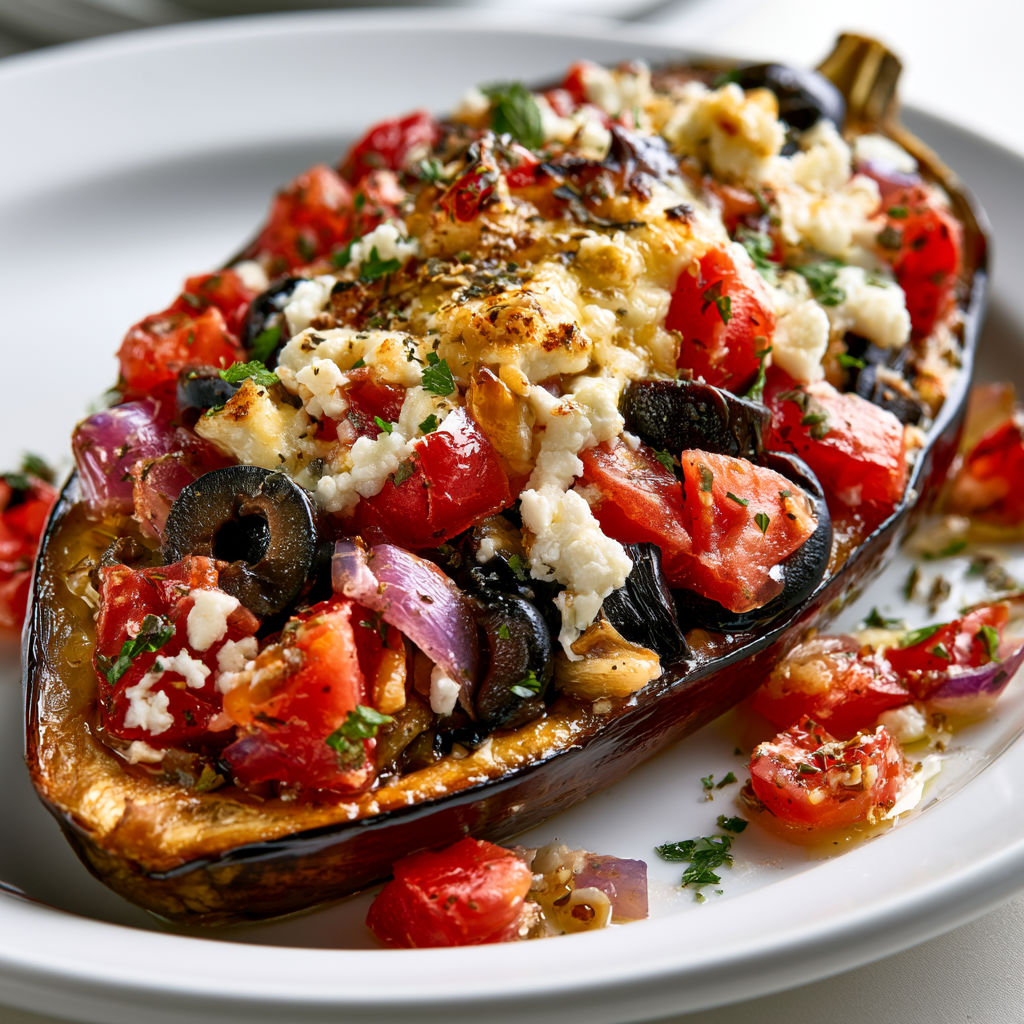 Aubergine farcie méditerranéenne avec tomates et olives.