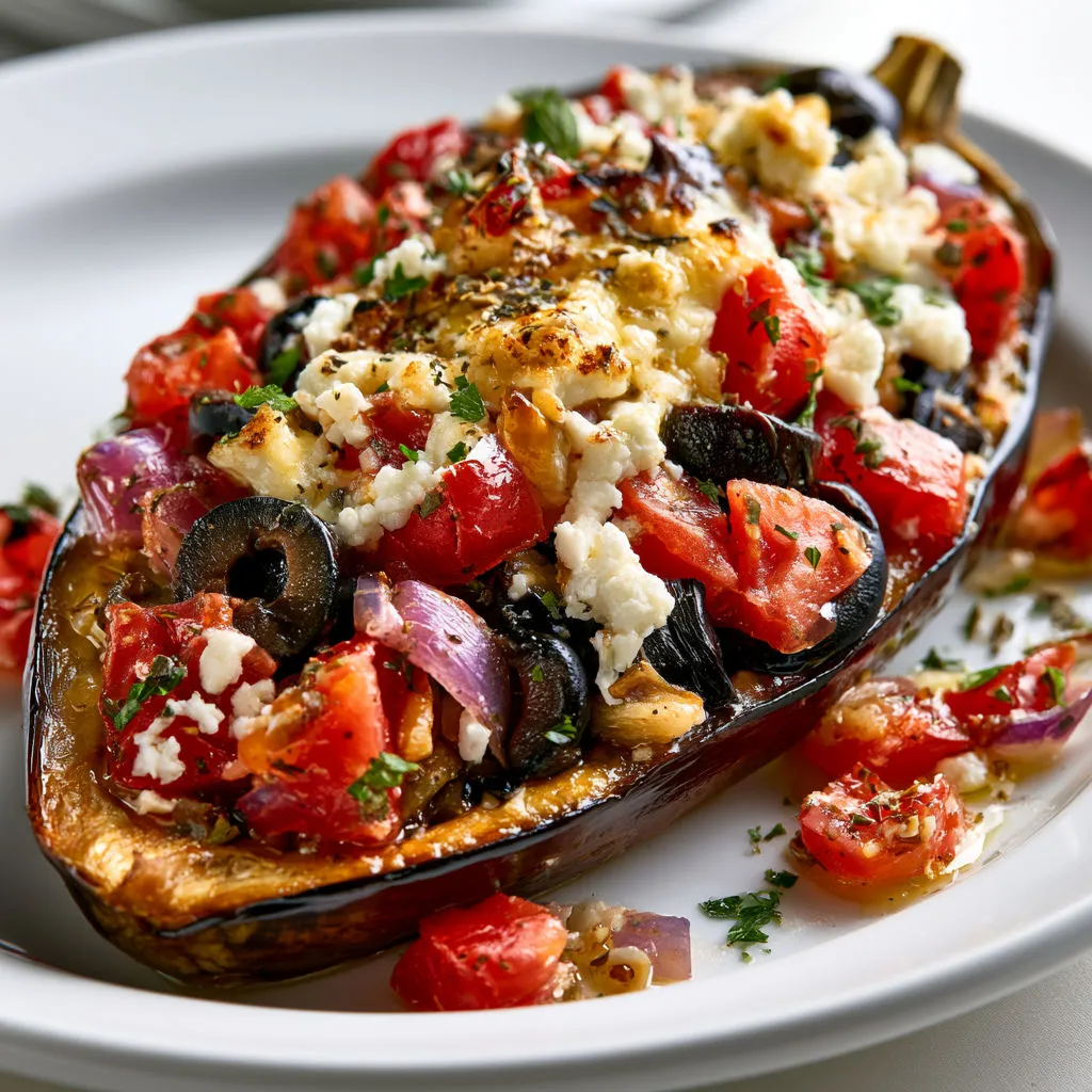 Aubergine farcie méditerranéenne avec tomates et olives.