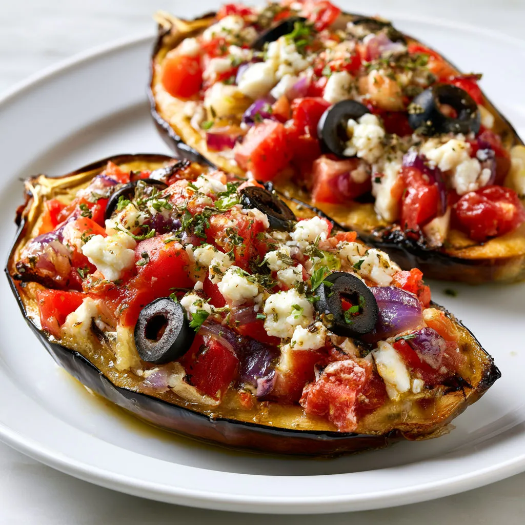 Aubergines méditerranéennes garnies, légumes et fromage.