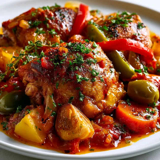 Plat méditerranéen avec poulet et légumes colorés.