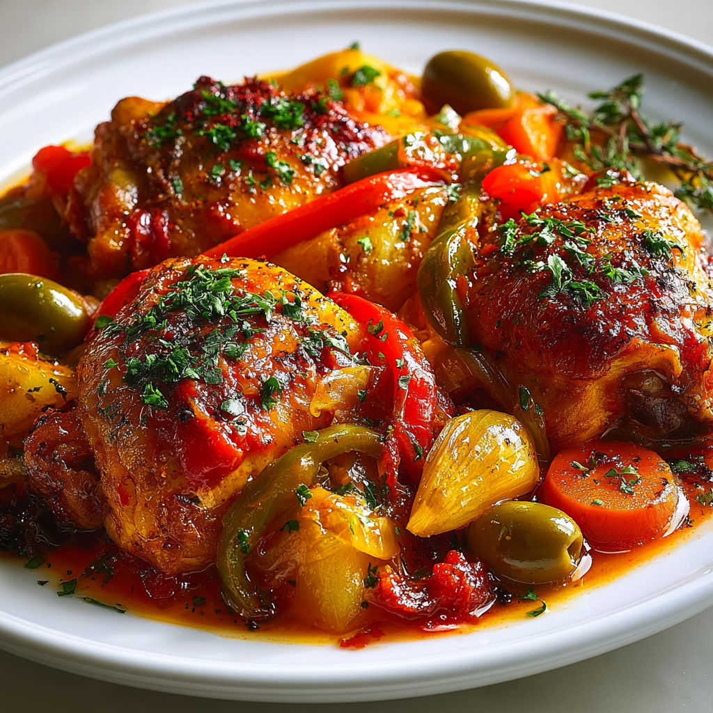 Poulet catalan mijoté avec olives et légumes du soleil.