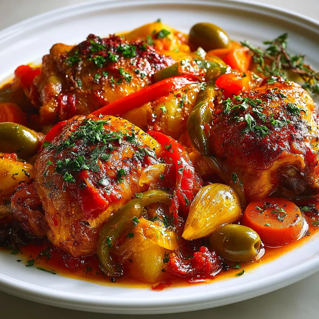 Poulet catalan mijoté avec olives et légumes du soleil.