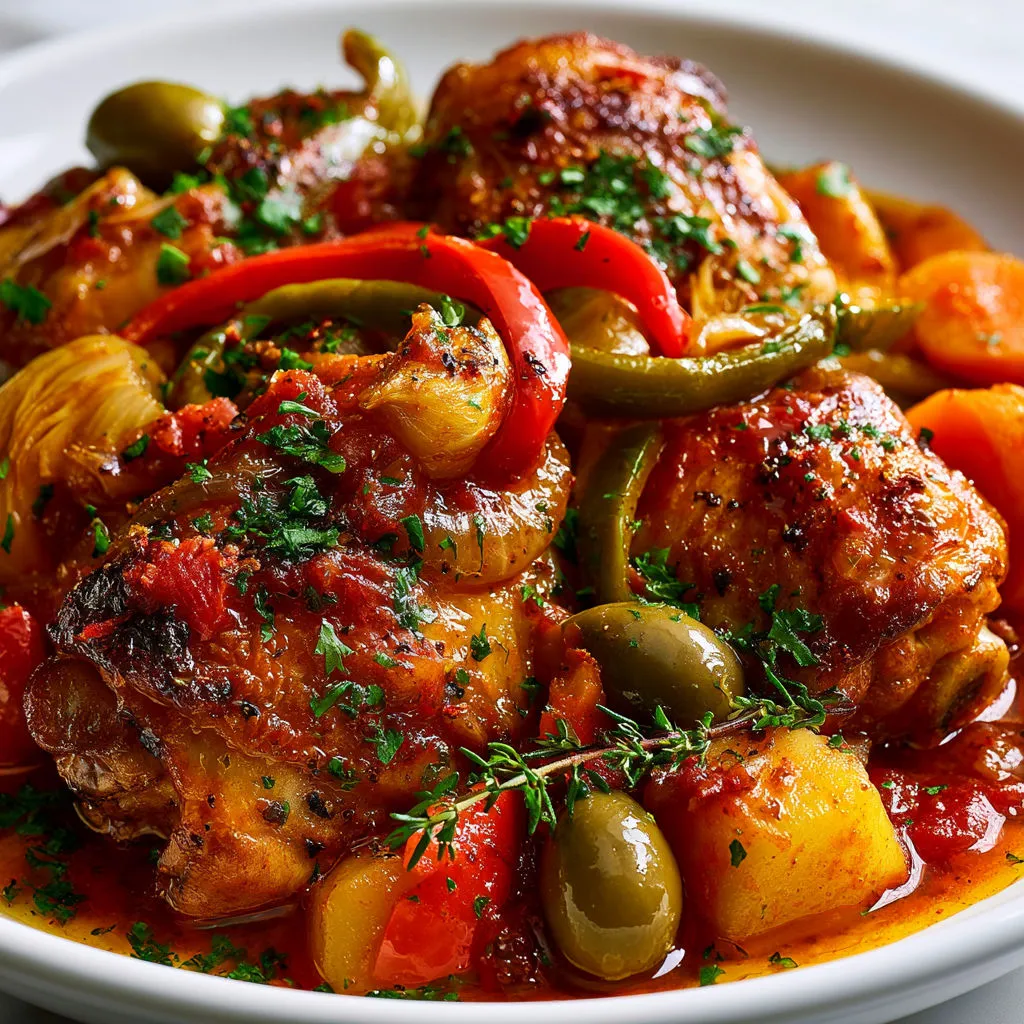 Poulet mijoté aux poivrons et pommes de terre moelleuses.